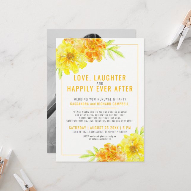 Invitation Un mariage jaune annonce le renouvellement et la f (Devant/Arrière en situation)