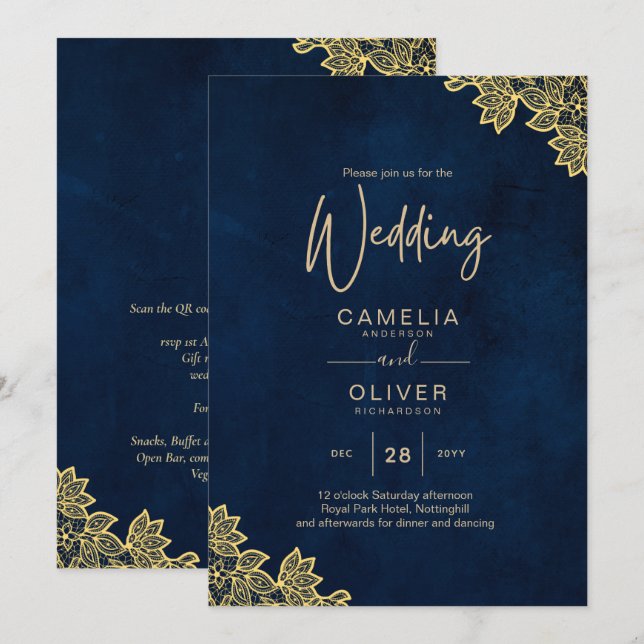 Invitation Un mariage tout en 1 en dentelle d'or invite QR Co (Devant / Derrière)