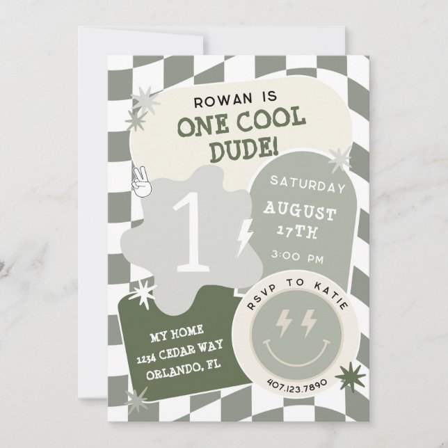 Invitation Un mec cool rétro à damier pour son 1er anniversai (Devant)