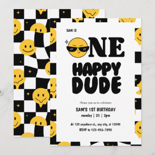 Invitation Un mec heureux à damiers heureux émoji 1er anniver