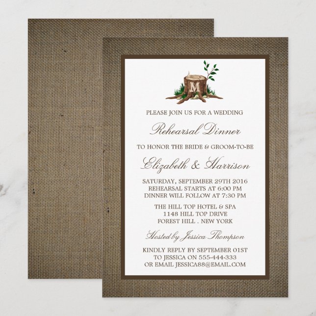 Invitation Un Monogramme Rustique Au Dîner De Répétition De B (Devant / Derrière)