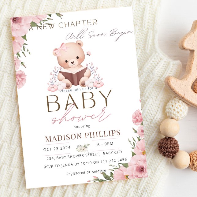 Invitation Un Nouveau Chapitre Commence Le Baby shower Rose T (A New Chapter Begins Teddy Bear Pink Book Baby Shower Invitation)