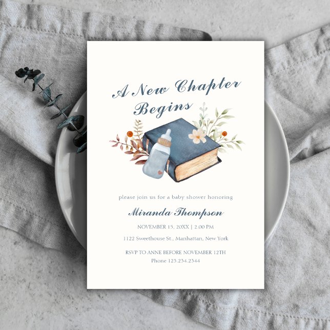 Invitation Un nouveau chapitre commence le livre Baby shower  (A New Chapter Begins Book Bottle Baby Shower Invitation)