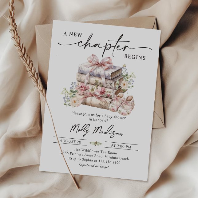Invitation Un nouveau chapitre Floral rose Bow Baby shower li (Créateur téléchargé)