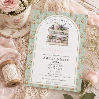 Invitation Un nouveau chapitre Livre floral Rose poudré Baby 