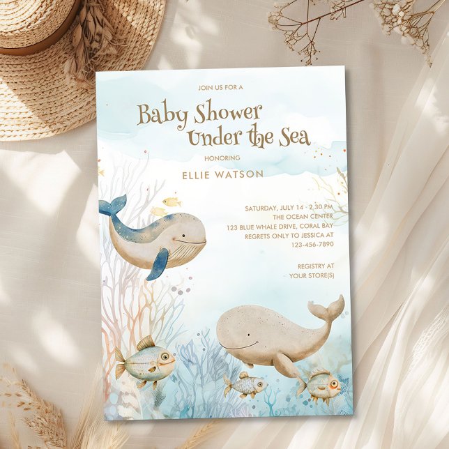 Invitation Un océan doux neutre sous le Baby shower marin (Under the Sea Baby Shower from the Whale Baby Shower Collection by Darling & May)