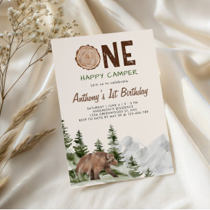 Invitation Un ours campeur heureux pour son premier anniversa