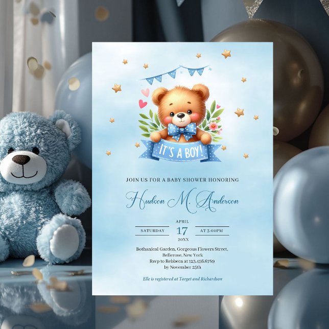 Invitation Un ours en peluche doux c'est un baby shower garço (cute teddy bear it's a boy baby shower invitation)