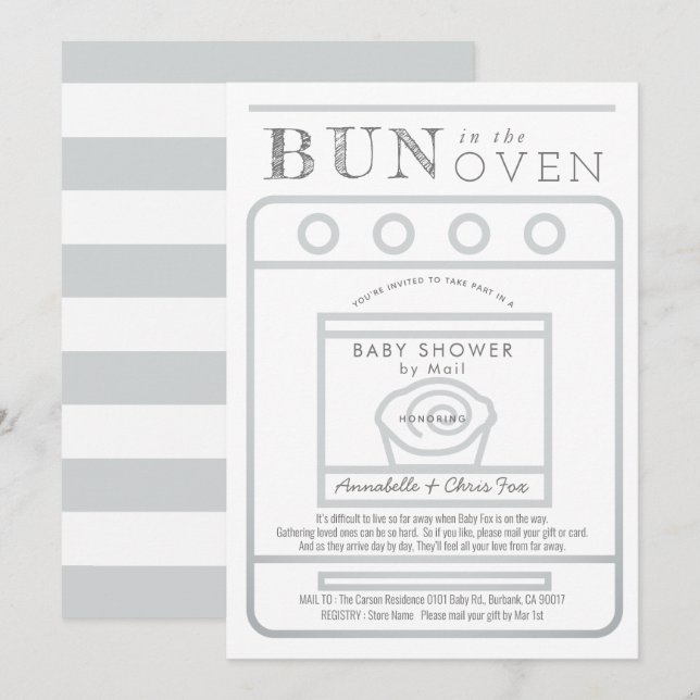 Invitation Un pain dans le Baby shower gris four par courrier (Devant / Derrière)