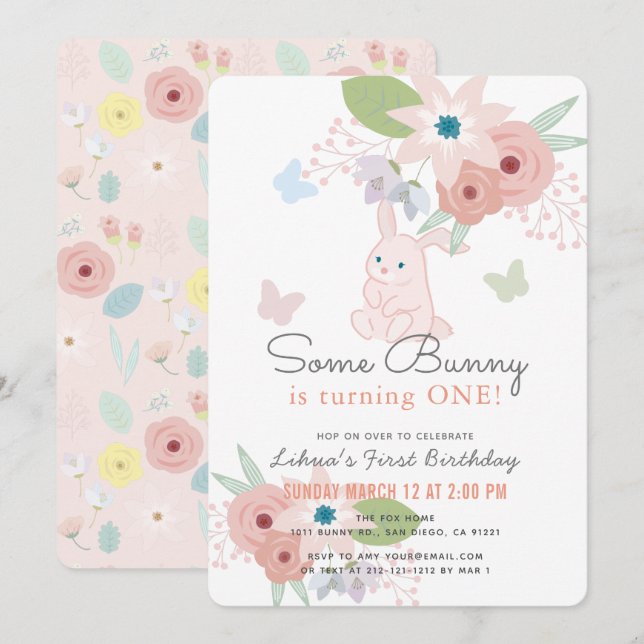 Invitation Un Papillon Floral Bunny rose 1er anniversaire (Devant / Derrière)
