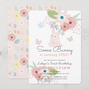 Invitation Un Papillon Floral Bunny rose 1er anniversaire