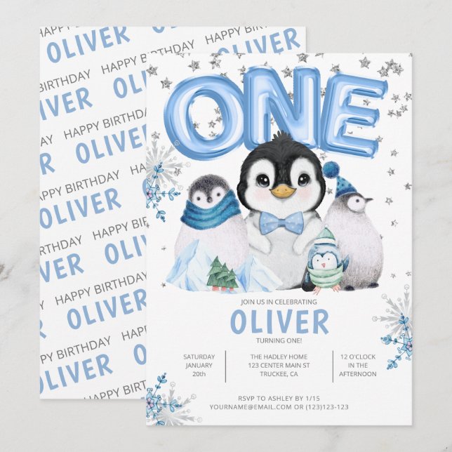 Invitation UN Penguin d'hiver Garçon 1er anniversaire (Devant / Derrière)