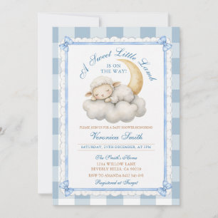 Invitation Un petit agneau Cute Baby Shower Gingham bleu