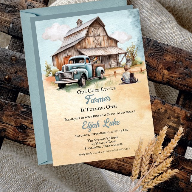 Invitation Un Petit Agriculteur Fête Son 1Er Anniversaire ("Our Cute Little Farmer Is Turning One!" Boy 1st Birthday Party Rustic Truck | Barn Invitation)
