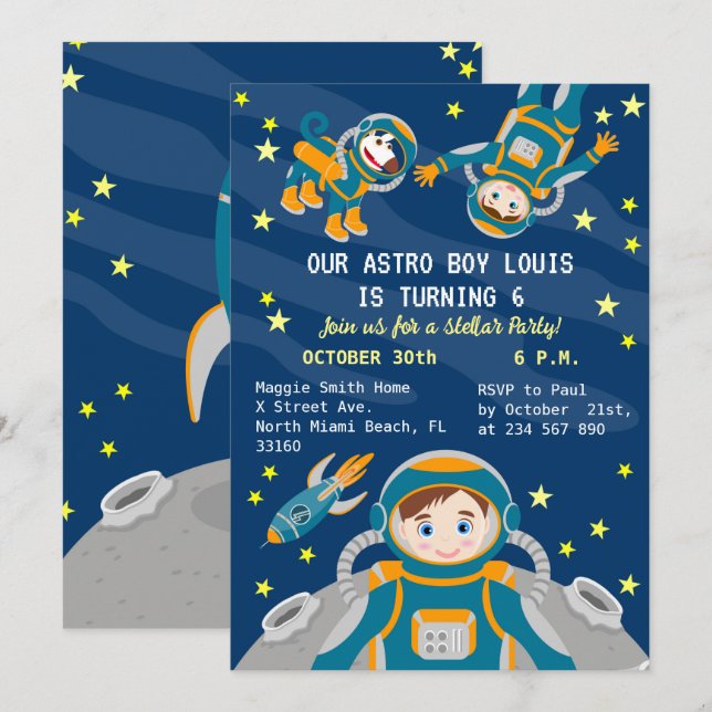 Invitation Un petit astronaute rêve fête d'anniversaire (Devant / Derrière)