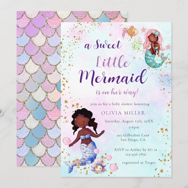 Invitation Un petit Baby shower afro-américain de sirène (Devant / Derrière)