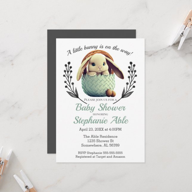 Invitation Un Petit Baby shower Bunny (Devant/Arrière en situation)