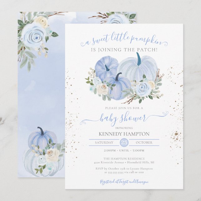 Invitation Un petit Baby shower Citrouille Blue White Boy Gir (Devant / Derrière)