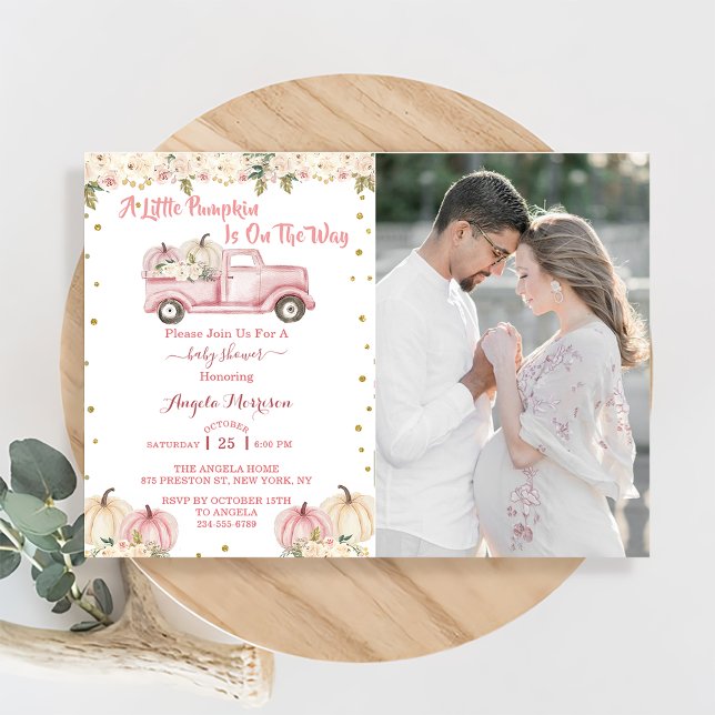 Invitation Un Petit Baby shower Citrouille Pink Truck Photo (Créateur téléchargé)