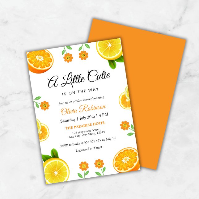 Invitation Un Petit Baby shower Citrus Orange Au Citron Cutie (A Little Cutie Lemon Orange Citrus Baby Shower Invitation )
