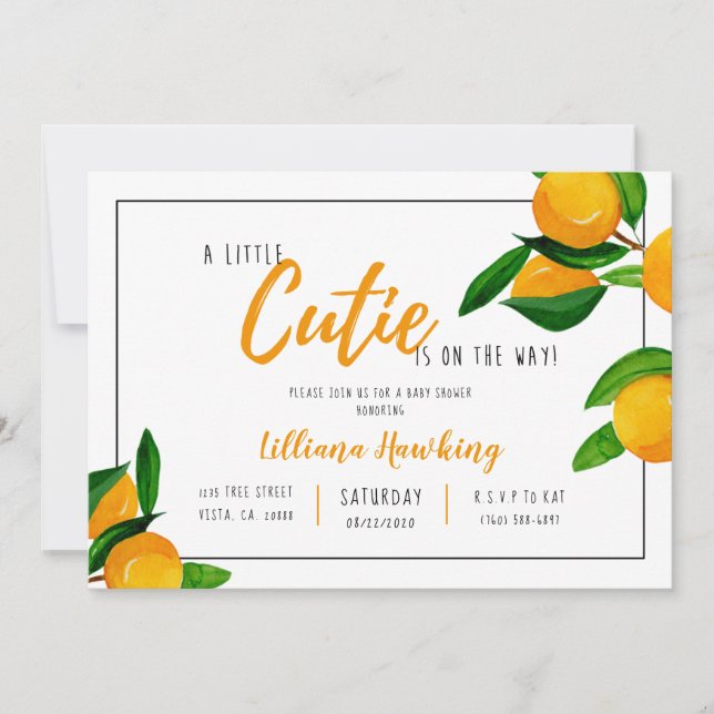 Invitation Un Petit Baby shower Cutie Orange Citrus Thème (Devant)