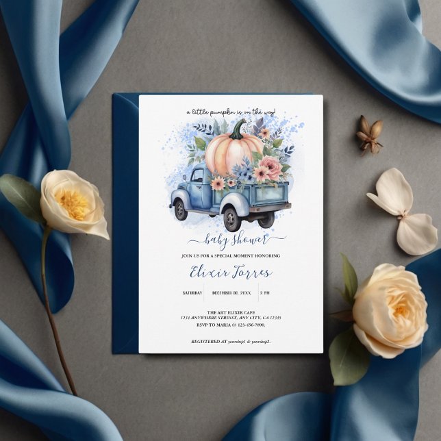 Invitation Un petit Baby shower d'aquarelle bleu de camion Ci (Créateur téléchargé)