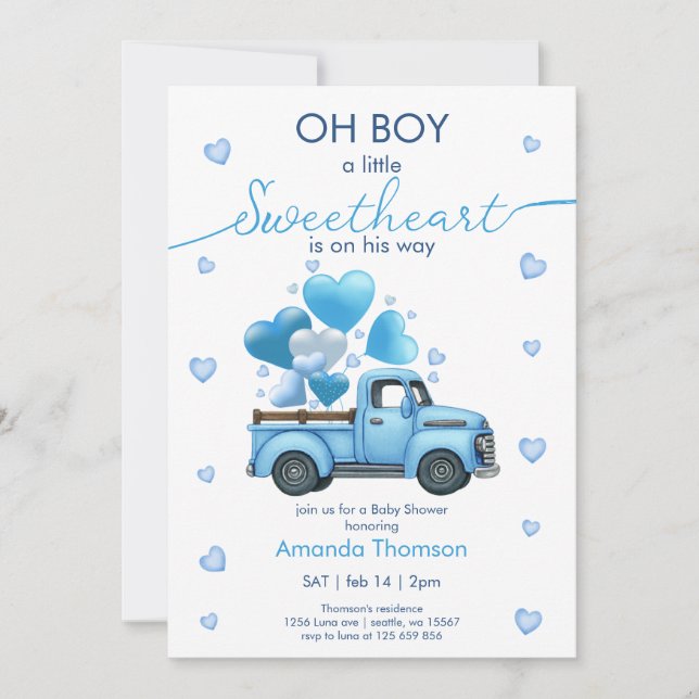 Invitation Un petit Baby shower de Camion bleu doux (Devant)