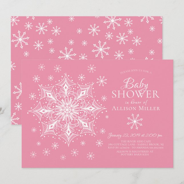 Invitation Un petit Baby shower de fille d'hiver aux flocons  (Devant / Derrière)