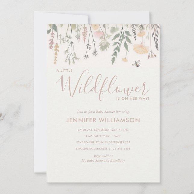 Invitation Un petit Baby shower de fille Fleur sauvage (Devant)