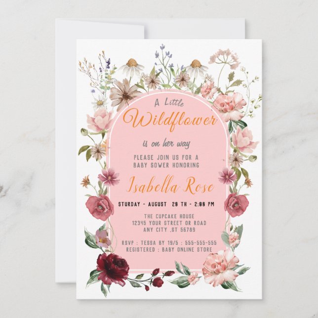 Invitation Un Petit Baby shower De Fille Rose Brousse Fleur s (Devant)