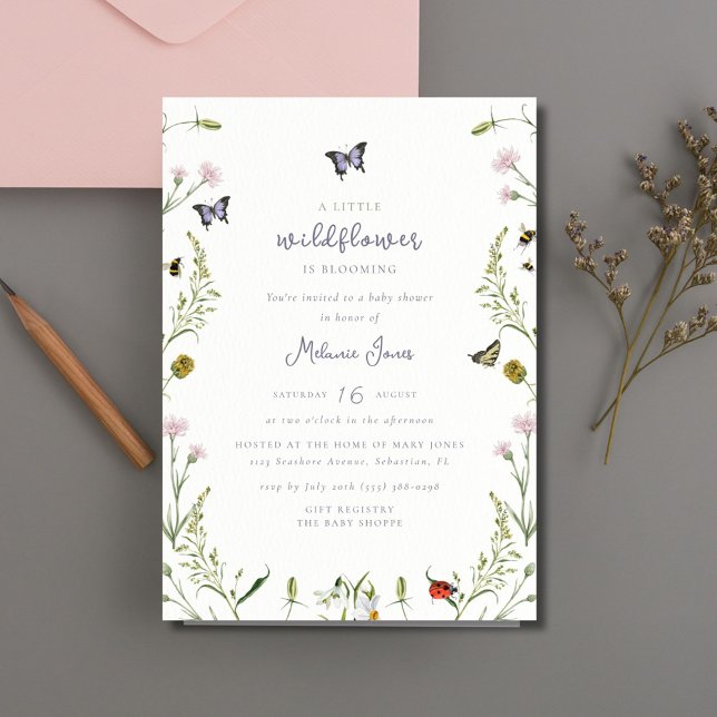 Invitation Un petit Baby shower de papillon Fleur sauvage (A Little Wildflower Butterfly Baby Shower Invitation)
