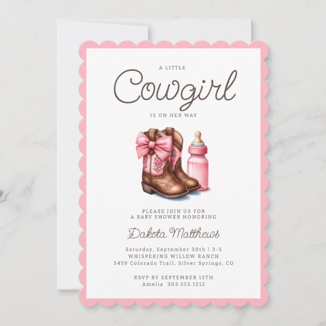 Invitation Un petit Baby shower de rodéo occidental rose (Devant)