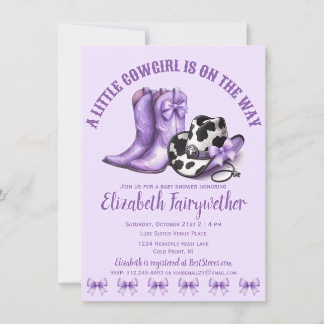 Invitation Un petit Baby shower de vaches pourpres (Devant)