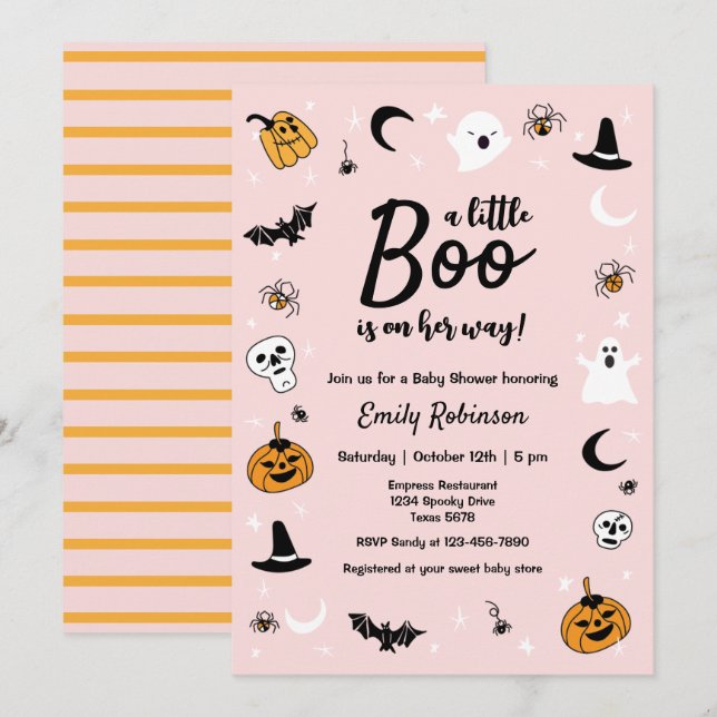 Invitation Un petit Baby shower d'Halloween rose Boo (Devant / Derrière)