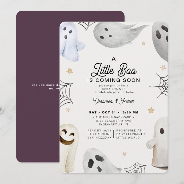 Invitation Un petit Baby shower d'Halloween violet de fille B (Devant / Derrière)