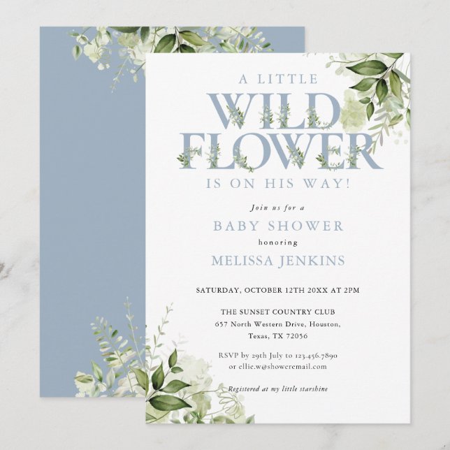 Invitation Un petit Baby shower Fleur sauvage Blue Boy  (Devant / Derrière)