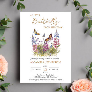 Invitation Un petit Baby shower Fleur sauvage papillon