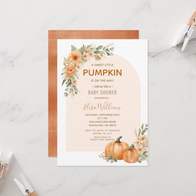 Invitation Un petit Baby shower fleuri d'automne doux et Citr (Devant/Arrière en situation)