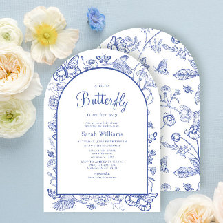 Invitation Un petit Baby shower floral bleu et blanc à papill