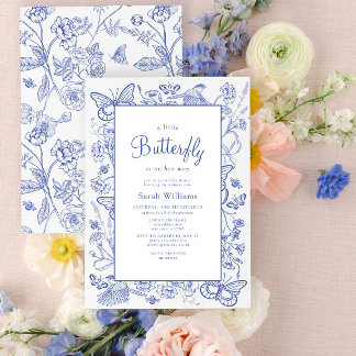 Invitation Un petit Baby shower floral bleu et blanc à papill