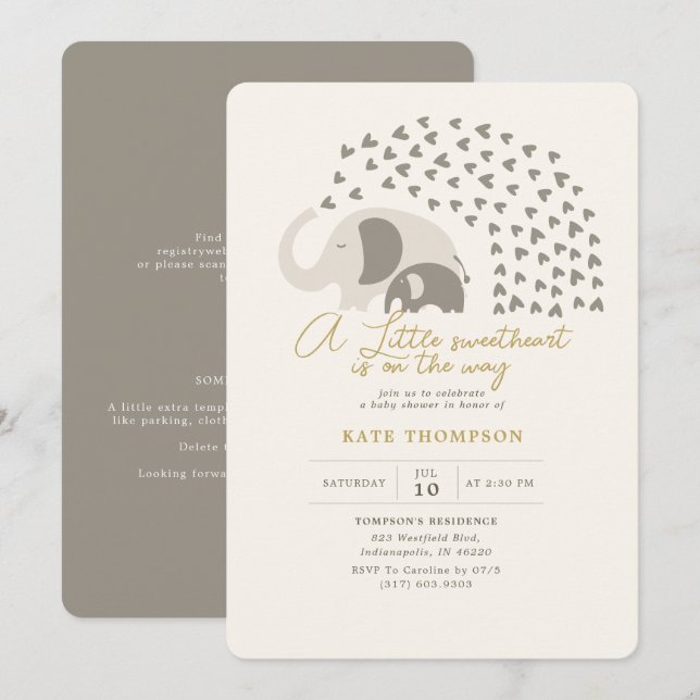 Invitation Un petit Baby shower neutre d'éléphant amoureux (Devant / Derrière)