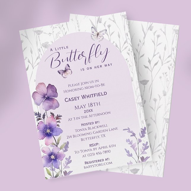 Invitation Un petit Baby shower papillon Fleur sauvage pourpr (A Little Butterfly Purple Boho Baby Shower Invitation)
