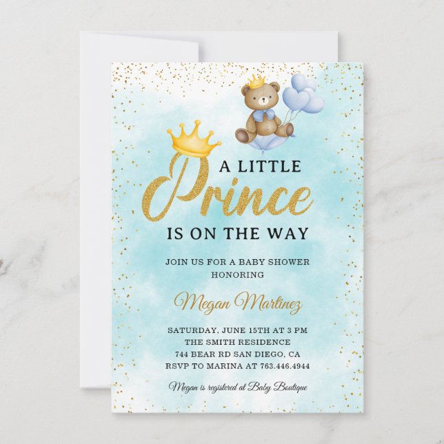 Invitation Un petit Baby shower Prince Blue Gold Boy (Devant)
