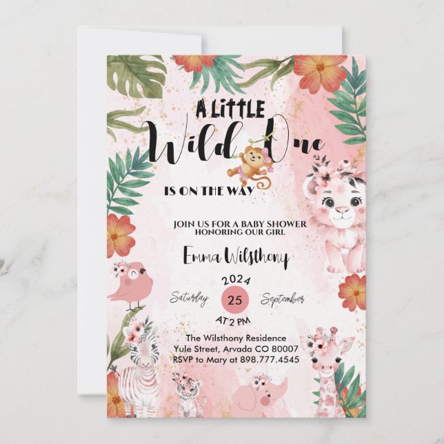 Invitation un petit baby shower sauvage safari fille rose (Devant)
