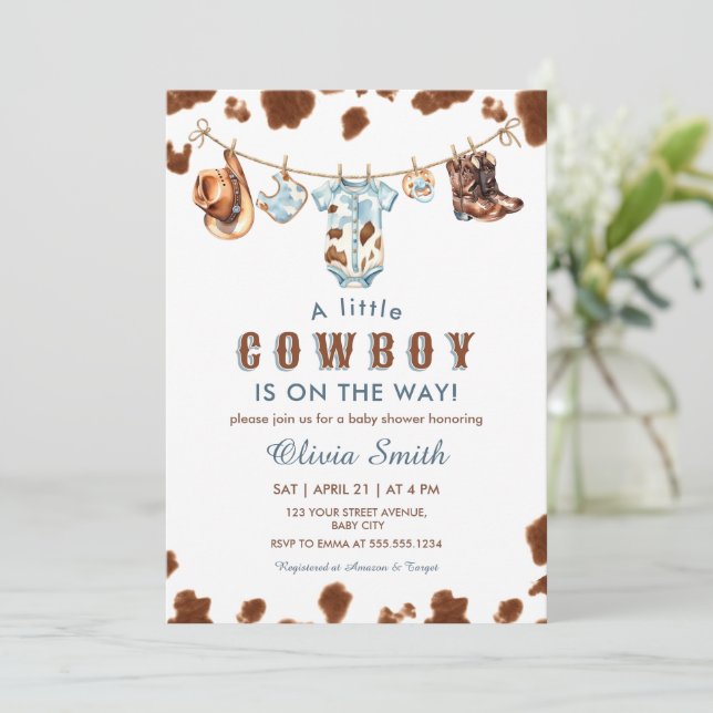 Invitation Un petit Baby shower Western Cowboy (Debout devant)