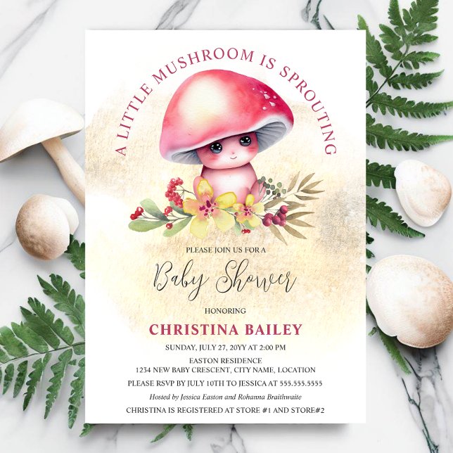 Invitation Un Petit Champagne Est En Train De Produire Du Bab (Cute and adorable mushroom baby shower invitation that is gender neutral in colors.  A fun invite!)