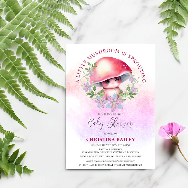 Invitation Un Petit Champagne Est En Train De Produire Du Bab (Cute and adorable baby mushroom sprouting baby shower invitation.)