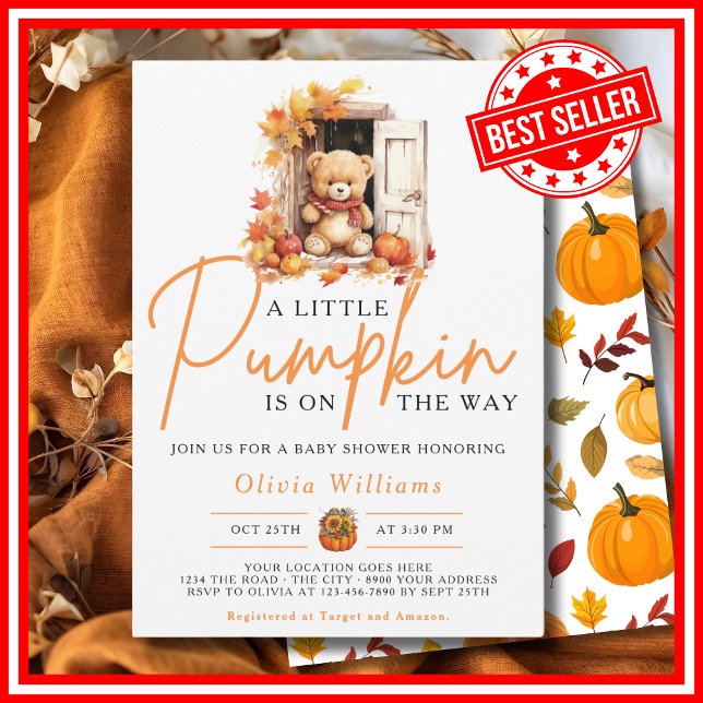 Invitation Un Petit Citrouille Automne Automne CUIR Baby show (A Little Pumpkin is on the Way Fall Autumn CUTE BEAR Baby Shower Invitation)
