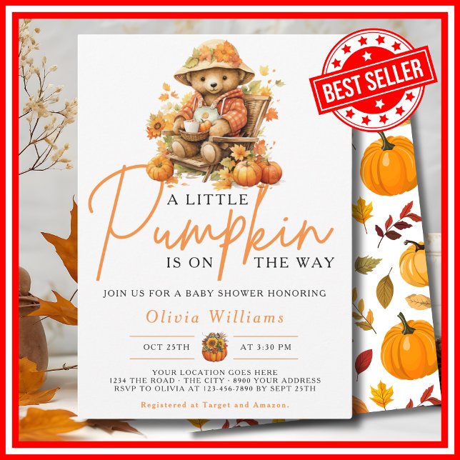 Invitation Un Petit Citrouille Automne Automne CUIR Baby show (A Little Pumpkin is on the Way Fall Autumn CUTE BEAR Baby Shower Invitation)