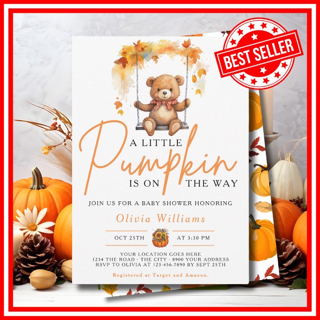 Invitation Un Petit Citrouille Automne Automne CUIR Baby show (A Little Pumpkin is on the Way Fall Autumn CUTE BEAR Baby Shower Invitation)